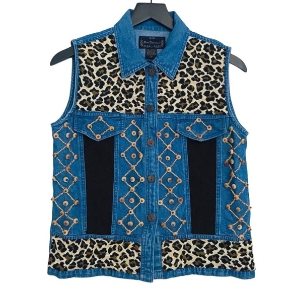 Vintage 90s Y2K Denim Bohemian Tribal Beaded Leopard Corduroy Retro Jean Vest - Picture 1 of 11